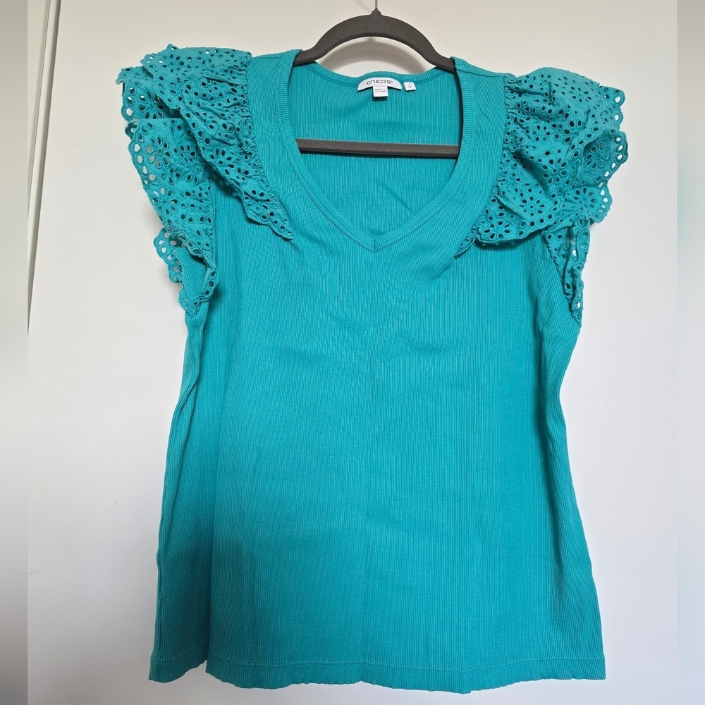 Chico's Blue Ruffled Sleeveless Blouse